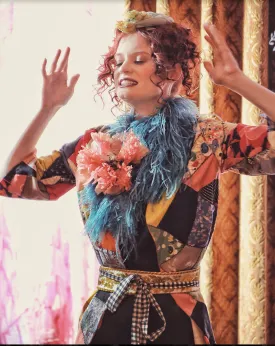 SOLD OUT Crazy Coat Authentic Art Deco Patchwork 20's Robe or Coat With Ostrich Feathers and Giant Poppy Floral Gingham belt included as-is repaired