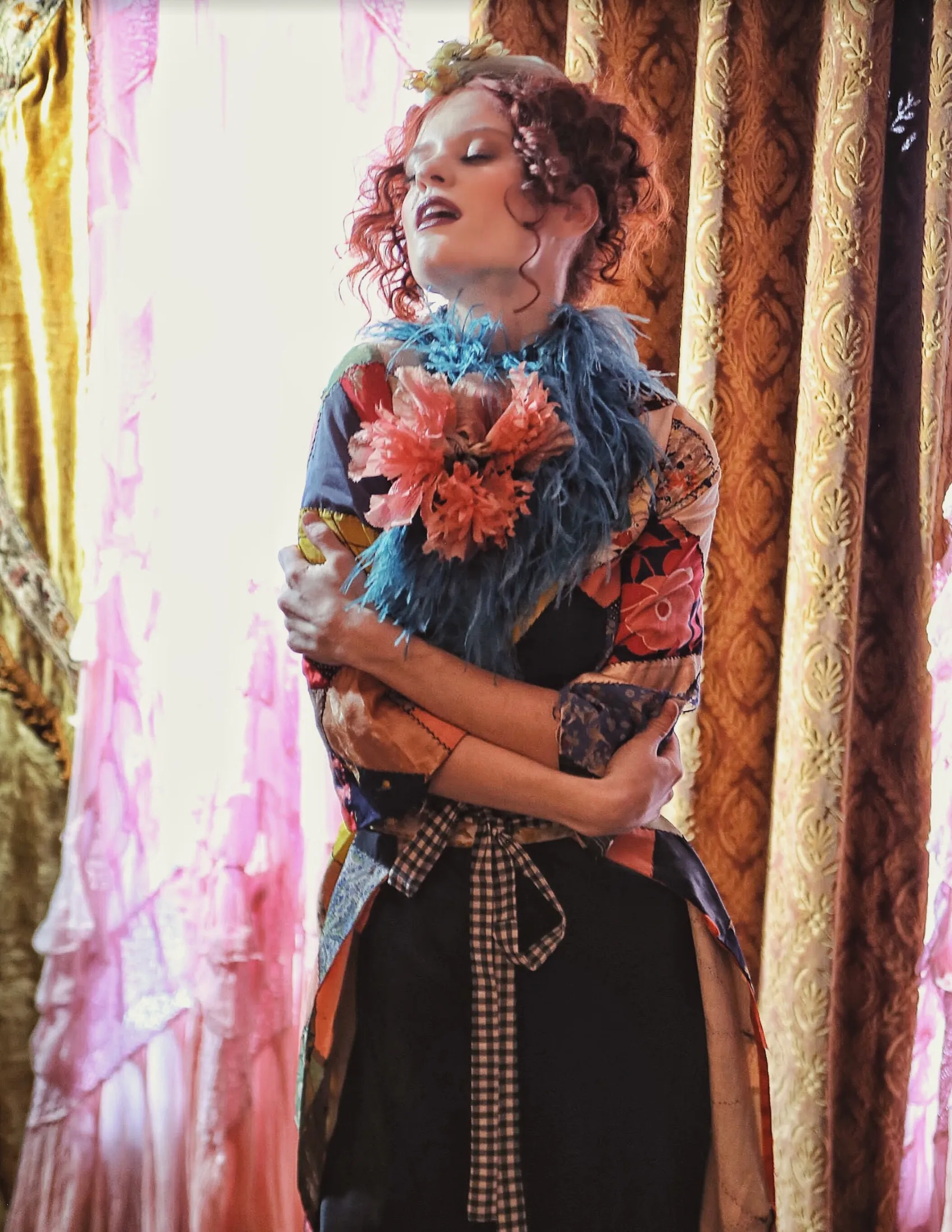 SOLD OUT Crazy Coat Authentic Art Deco Patchwork 20's Robe or Coat With Ostrich Feathers and Giant Poppy Floral Gingham belt included as-is repaired