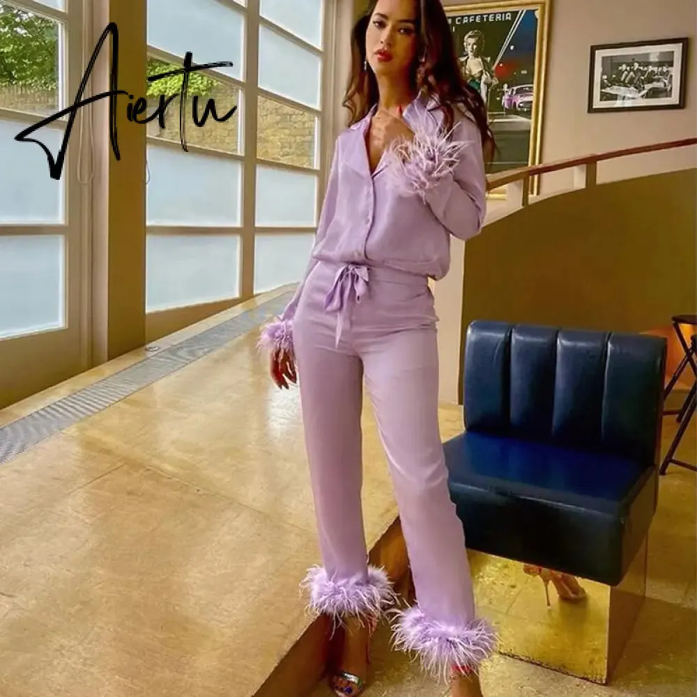 Trendy Women Pajamas Set Autumn Casual Lapel Tops   Feather 2Pcs Pants Suits Sexy Lingerie Nightwear Silk Satin Pyjamas pjs Suit