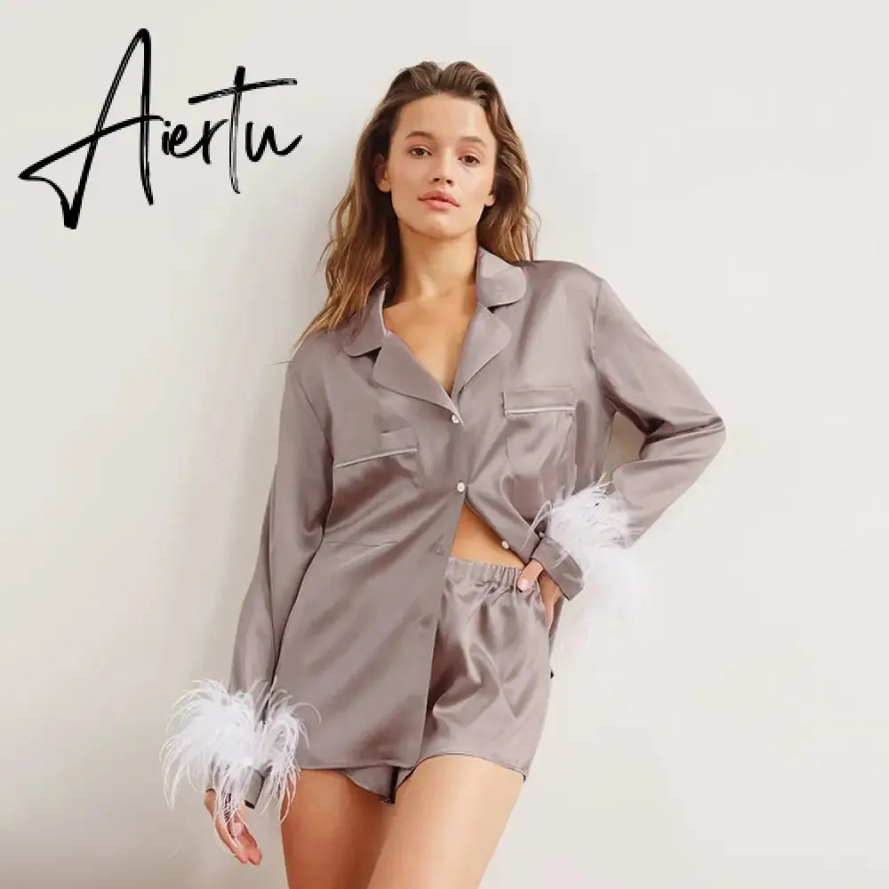 Trendy Women Pajamas Set Autumn Casual Lapel Tops   Feather 2Pcs Pants Suits Sexy Lingerie Nightwear Silk Satin Pyjamas pjs Suit