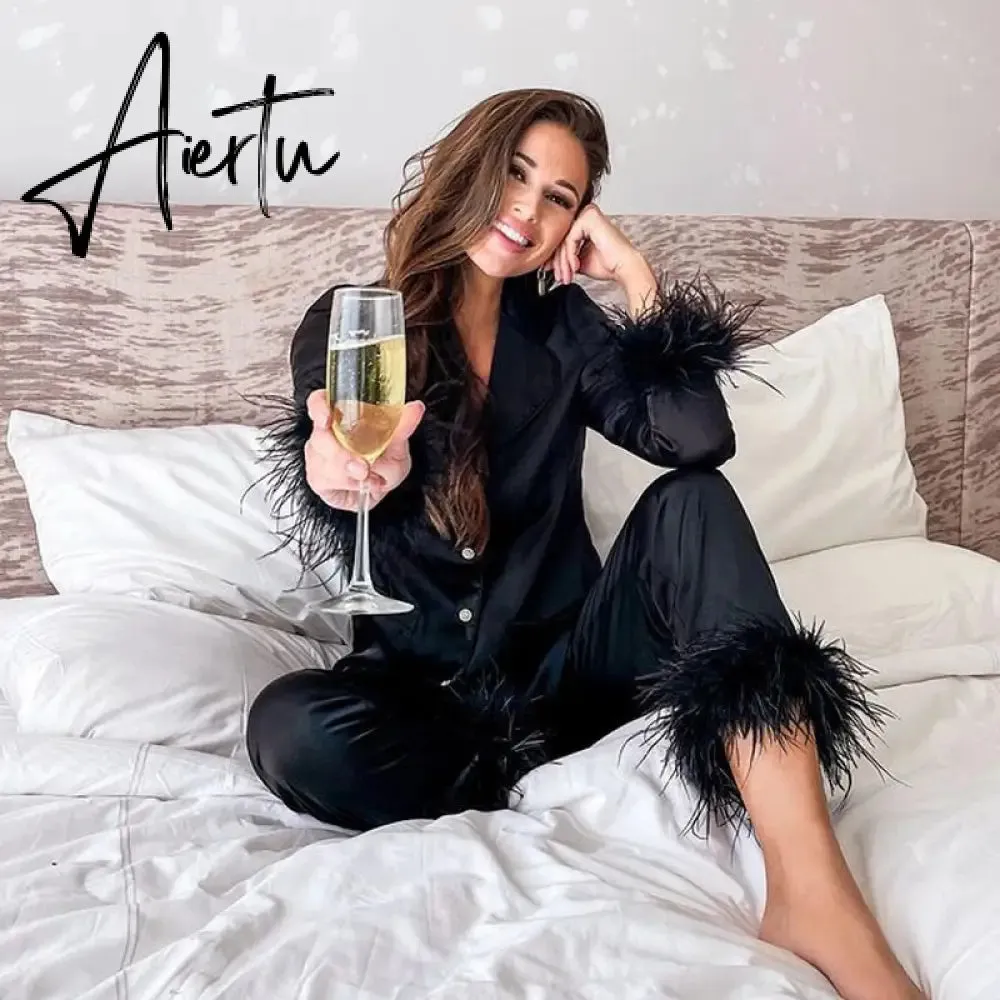 Trendy Women Pajamas Set Autumn Casual Lapel Tops   Feather 2Pcs Pants Suits Sexy Lingerie Nightwear Silk Satin Pyjamas pjs Suit