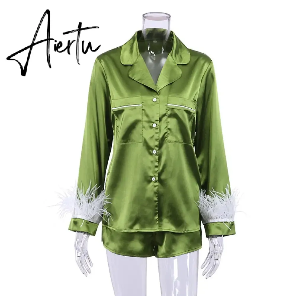 Trendy Women Pajamas Set Autumn Casual Lapel Tops   Feather 2Pcs Pants Suits Sexy Lingerie Nightwear Silk Satin Pyjamas pjs Suit