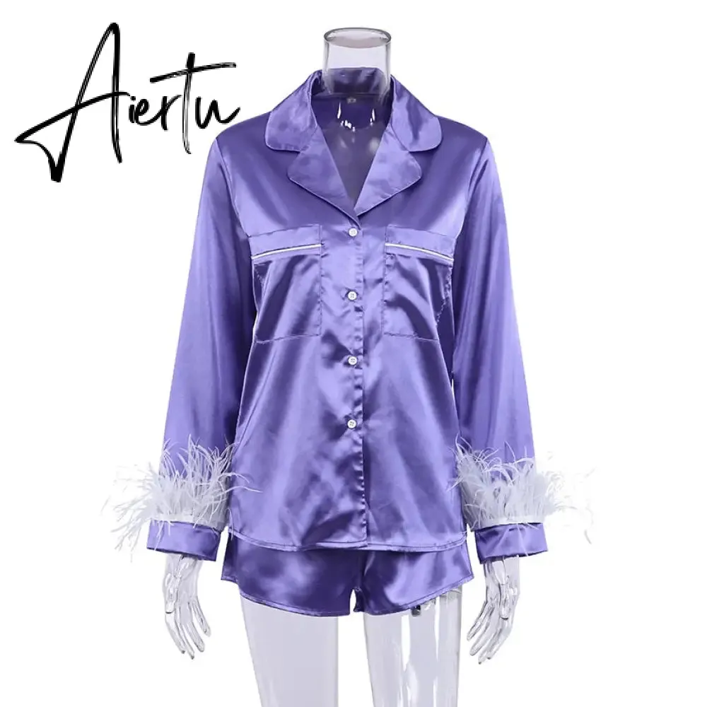 Trendy Women Pajamas Set Autumn Casual Lapel Tops   Feather 2Pcs Pants Suits Sexy Lingerie Nightwear Silk Satin Pyjamas pjs Suit