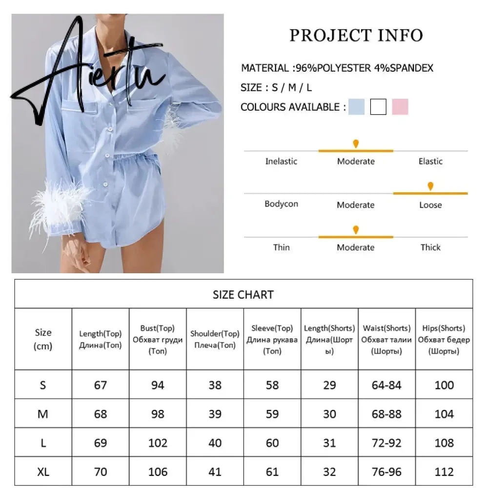 Trendy Women Pajamas Set Autumn Casual Lapel Tops   Feather 2Pcs Pants Suits Sexy Lingerie Nightwear Silk Satin Pyjamas pjs Suit