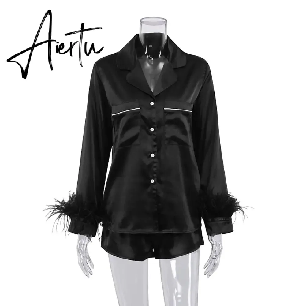 Trendy Women Pajamas Set Autumn Casual Lapel Tops   Feather 2Pcs Pants Suits Sexy Lingerie Nightwear Silk Satin Pyjamas pjs Suit