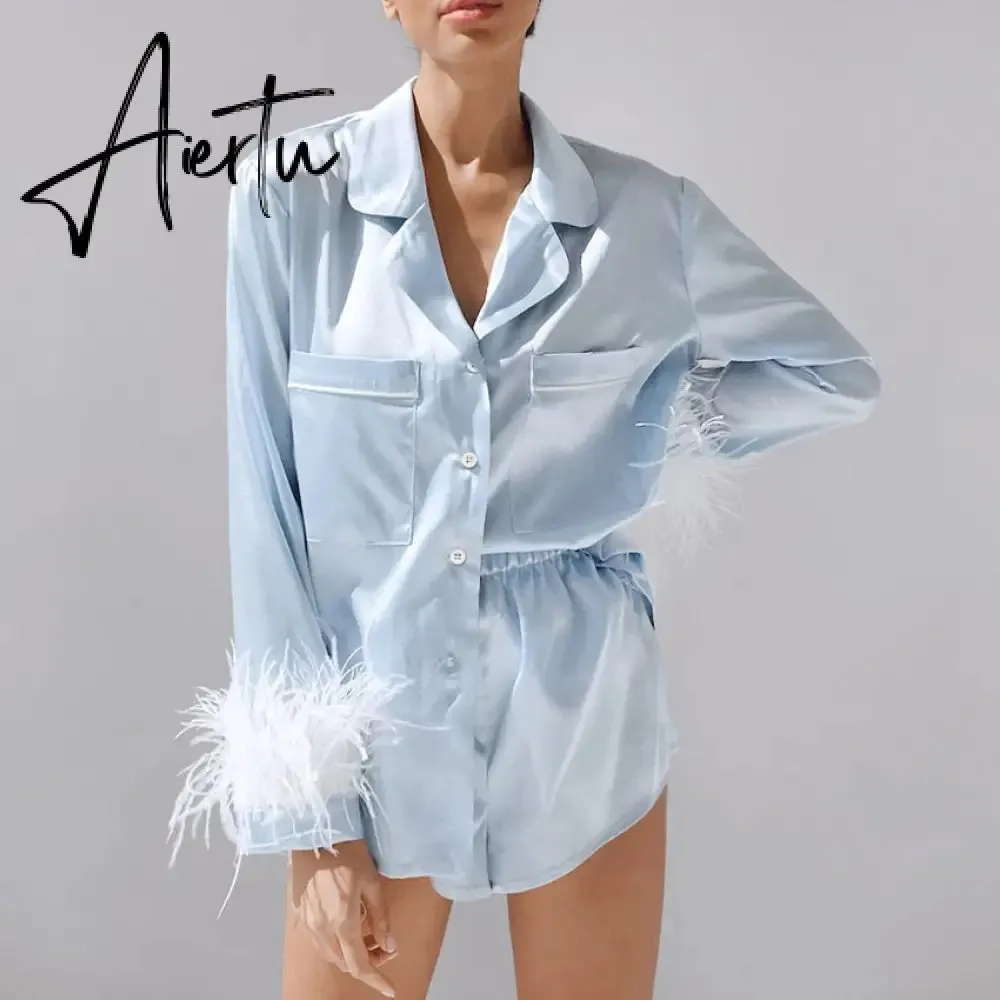 Trendy Women Pajamas Set Autumn Casual Lapel Tops   Feather 2Pcs Pants Suits Sexy Lingerie Nightwear Silk Satin Pyjamas pjs Suit