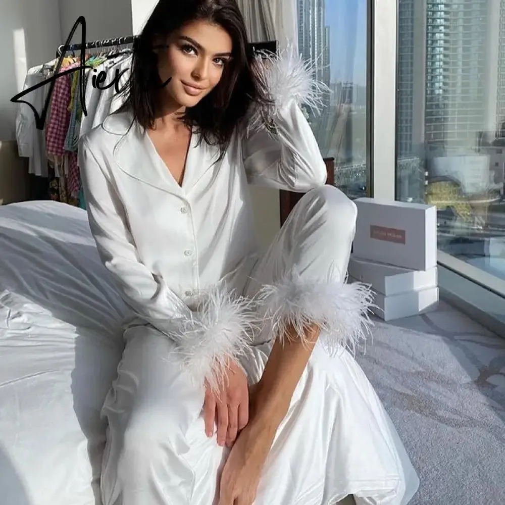 Trendy Women Pajamas Set Autumn Casual Lapel Tops   Feather 2Pcs Pants Suits Sexy Lingerie Nightwear Silk Satin Pyjamas pjs Suit