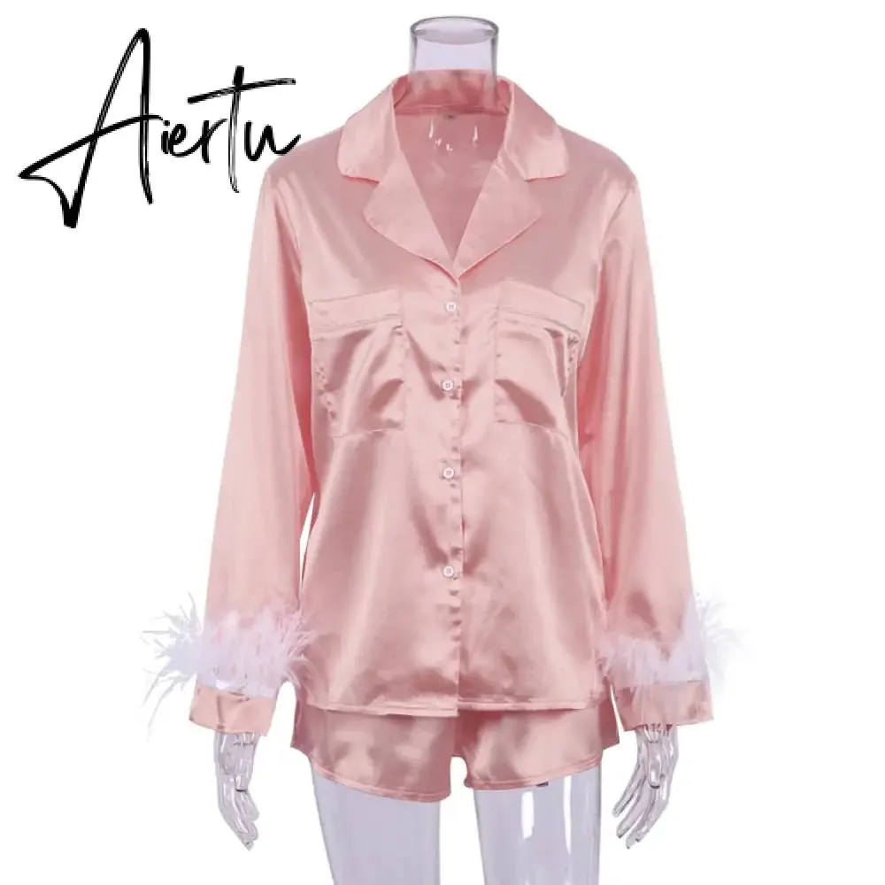 Trendy Women Pajamas Set Autumn Casual Lapel Tops   Feather 2Pcs Pants Suits Sexy Lingerie Nightwear Silk Satin Pyjamas pjs Suit