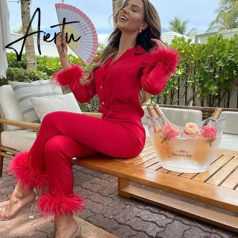 Trendy Women Pajamas Set Autumn Casual Lapel Tops   Feather 2Pcs Pants Suits Sexy Lingerie Nightwear Silk Satin Pyjamas pjs Suit