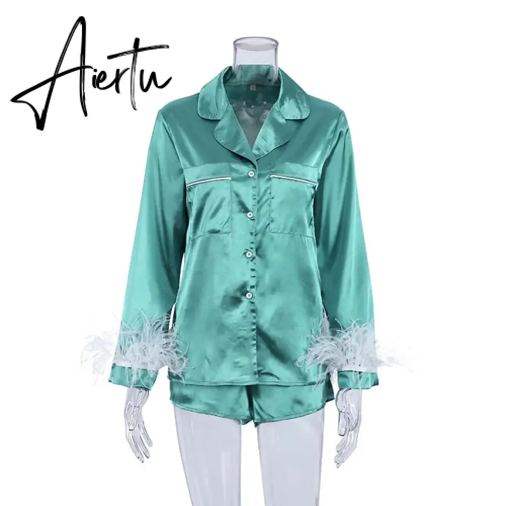 Trendy Women Pajamas Set Autumn Casual Lapel Tops   Feather 2Pcs Pants Suits Sexy Lingerie Nightwear Silk Satin Pyjamas pjs Suit