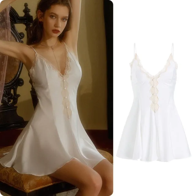 VenusFox High Quality Women's Satin Sleepwear Female Silk Nightgown Sexy Lace V-Neck Sling Nightdress Women Solid Color Soft Home Dress