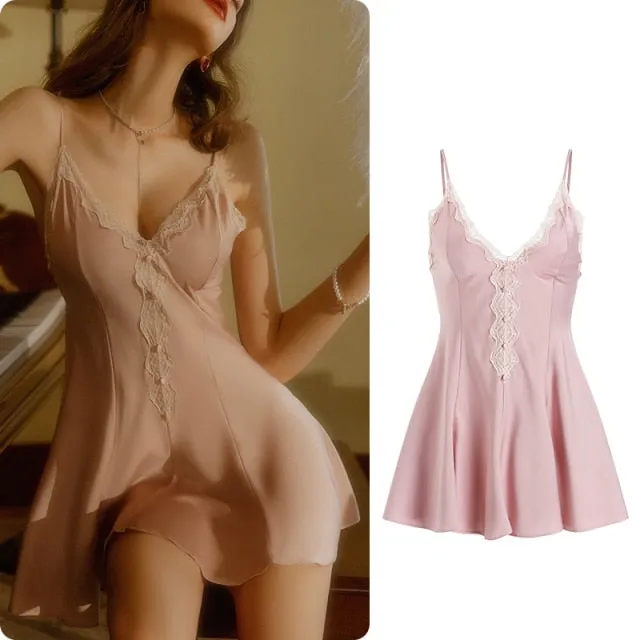 VenusFox High Quality Women's Satin Sleepwear Female Silk Nightgown Sexy Lace V-Neck Sling Nightdress Women Solid Color Soft Home Dress