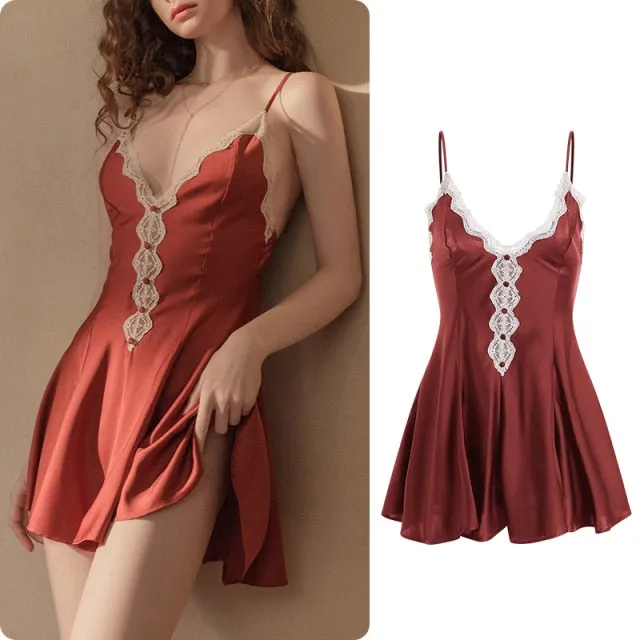 VenusFox High Quality Women's Satin Sleepwear Female Silk Nightgown Sexy Lace V-Neck Sling Nightdress Women Solid Color Soft Home Dress