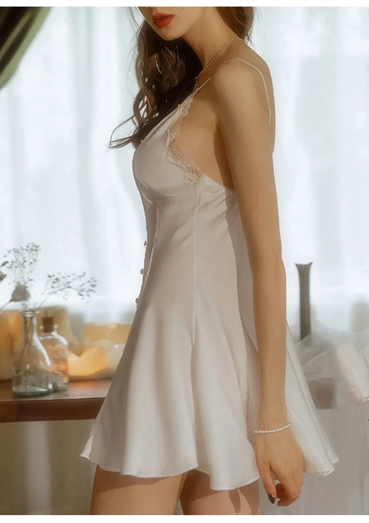 VenusFox High Quality Women's Satin Sleepwear Female Silk Nightgown Sexy Lace V-Neck Sling Nightdress Women Solid Color Soft Home Dress