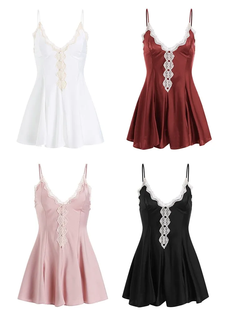 VenusFox High Quality Women's Satin Sleepwear Female Silk Nightgown Sexy Lace V-Neck Sling Nightdress Women Solid Color Soft Home Dress