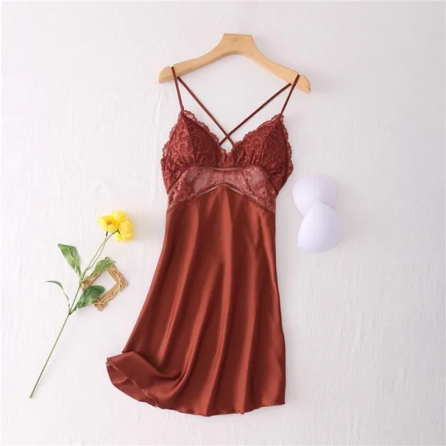 VenusFox Sexy Nightdress Lace Nightgown Women's Lingerie Backless Lace V-neck Nightwear Imitate Ice Silk Night Dress Homewear for Female