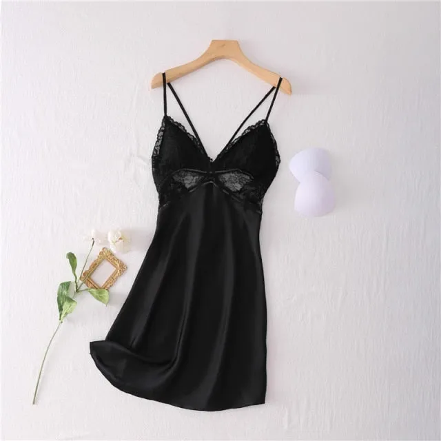 VenusFox Sexy Nightdress Lace Nightgown Women's Lingerie Backless Lace V-neck Nightwear Imitate Ice Silk Night Dress Homewear for Female