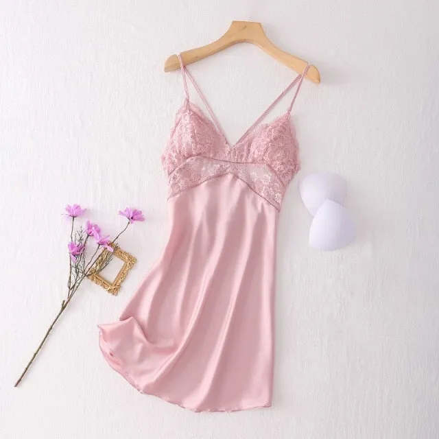VenusFox Sexy Nightdress Lace Nightgown Women's Lingerie Backless Lace V-neck Nightwear Imitate Ice Silk Night Dress Homewear for Female