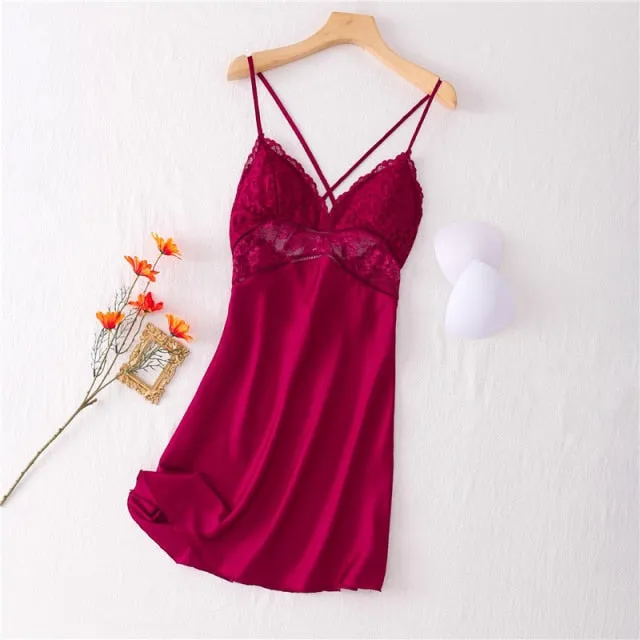 VenusFox Sexy Nightdress Lace Nightgown Women's Lingerie Backless Lace V-neck Nightwear Imitate Ice Silk Night Dress Homewear for Female