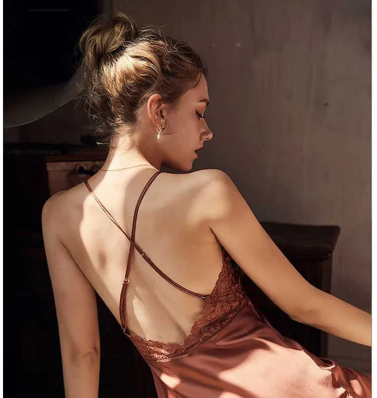 VenusFox Sexy Nightdress Lace Nightgown Women's Lingerie Backless Lace V-neck Nightwear Imitate Ice Silk Night Dress Homewear for Female
