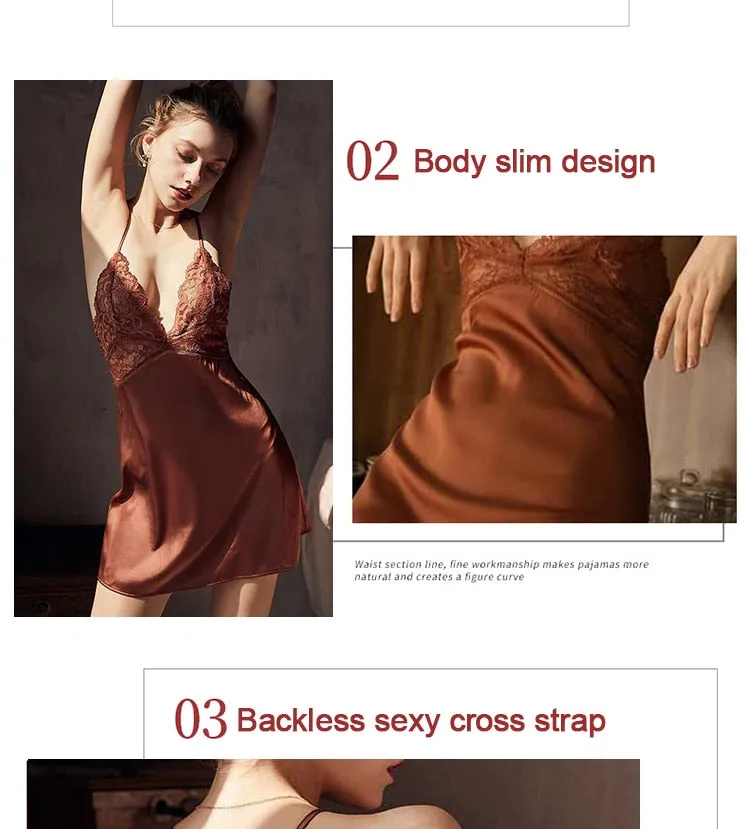 VenusFox Sexy Nightdress Lace Nightgown Women's Lingerie Backless Lace V-neck Nightwear Imitate Ice Silk Night Dress Homewear for Female