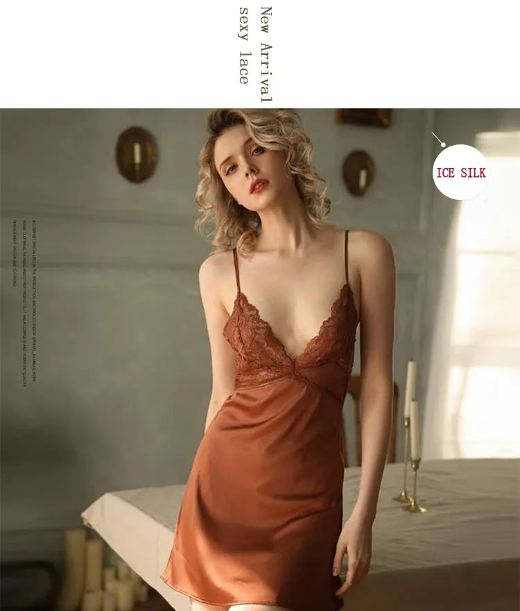 VenusFox Sexy Nightdress Lace Nightgown Women's Lingerie Backless Lace V-neck Nightwear Imitate Ice Silk Night Dress Homewear for Female