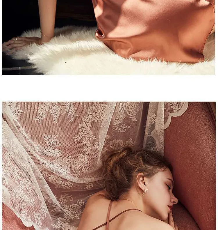 VenusFox Sexy Nightdress Lace Nightgown Women's Lingerie Backless Lace V-neck Nightwear Imitate Ice Silk Night Dress Homewear for Female