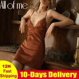 VenusFox Sexy Nightdress Lace Nightgown Women's Lingerie Backless Lace V-neck Nightwear Imitate Ice Silk Night Dress Homewear for Female