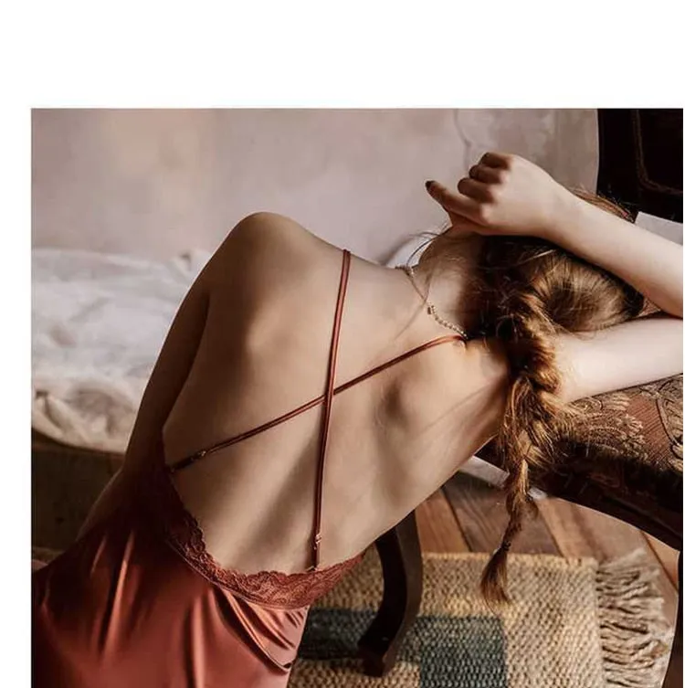 VenusFox Sexy Nightdress Lace Nightgown Women's Lingerie Backless Lace V-neck Nightwear Imitate Ice Silk Night Dress Homewear for Female