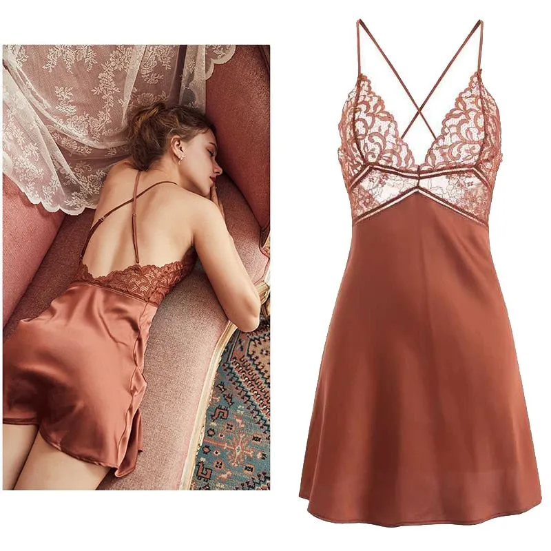 VenusFox Sexy Nightdress Lace Nightgown Women's Lingerie Backless Lace V-neck Nightwear Imitate Ice Silk Night Dress Homewear for Female