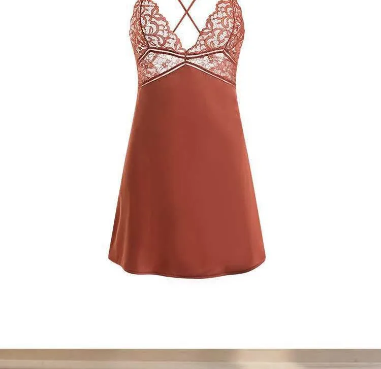 VenusFox Sexy Nightdress Lace Nightgown Women's Lingerie Backless Lace V-neck Nightwear Imitate Ice Silk Night Dress Homewear for Female