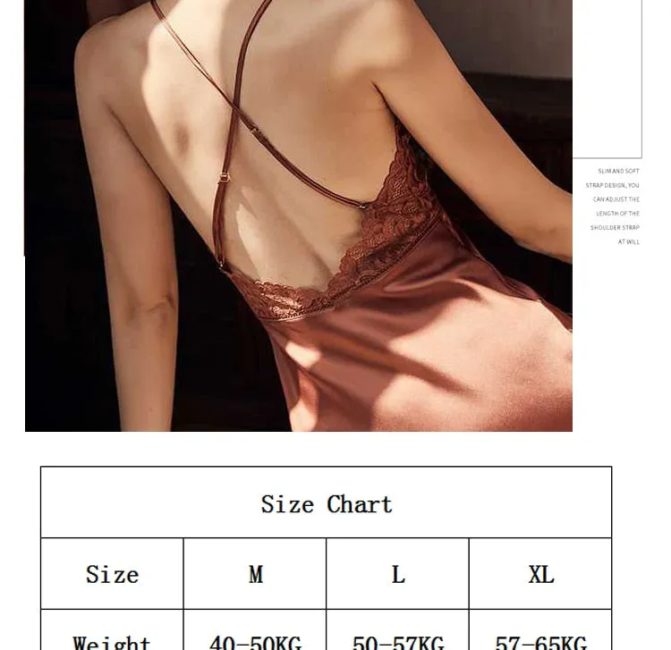 VenusFox Sexy Nightdress Lace Nightgown Women's Lingerie Backless Lace V-neck Nightwear Imitate Ice Silk Night Dress Homewear for Female