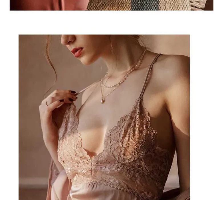 VenusFox Sexy Nightdress Lace Nightgown Women's Lingerie Backless Lace V-neck Nightwear Imitate Ice Silk Night Dress Homewear for Female