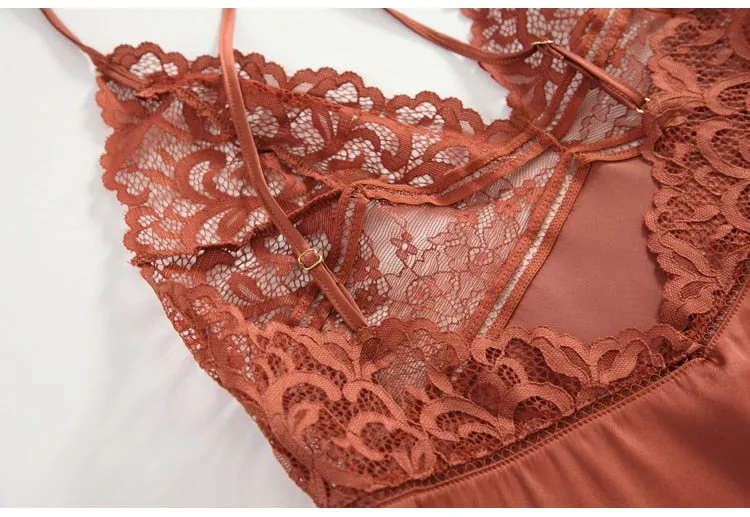VenusFox Summer Sexy Night Dress Lace Nightgow Women's New Lingerie Backless Lace V-neck Nightwear Silk Nightdress Homewear