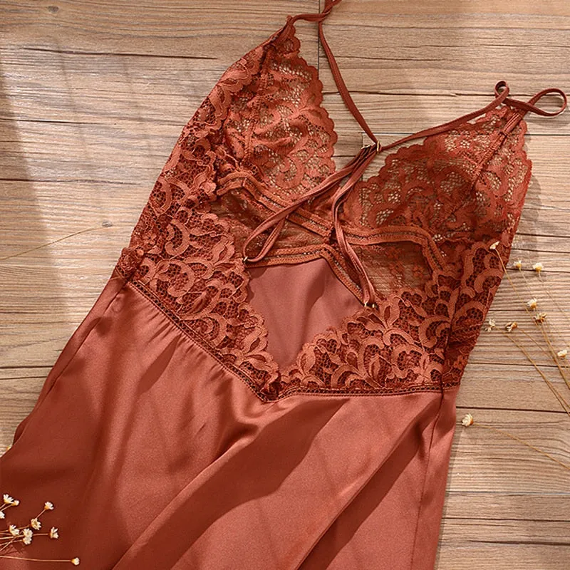 VenusFox Summer Sexy Night Dress Lace Nightgow Women's New Lingerie Backless Lace V-neck Nightwear Silk Nightdress Homewear