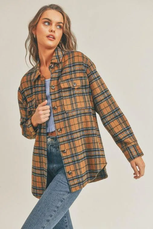 Womens Brown Blue Multi Plaid Flannel Shacket