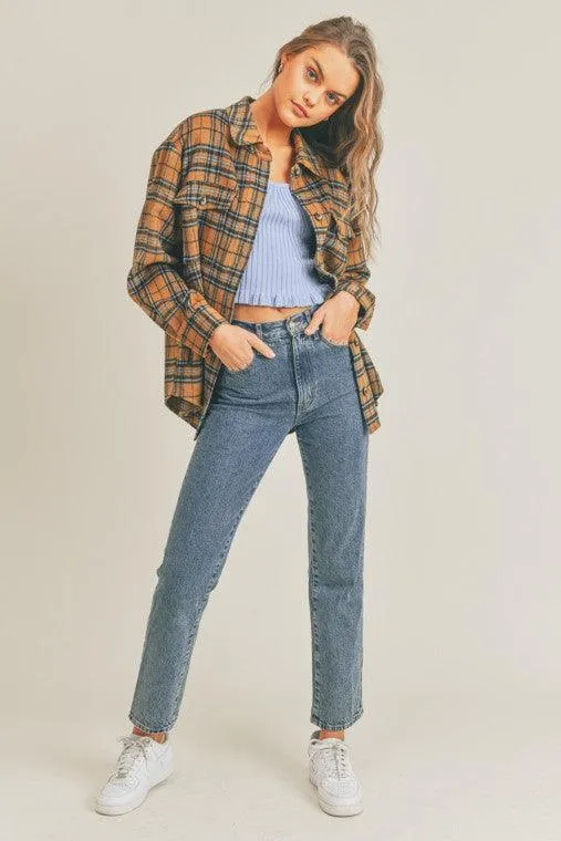 Womens Brown Blue Multi Plaid Flannel Shacket