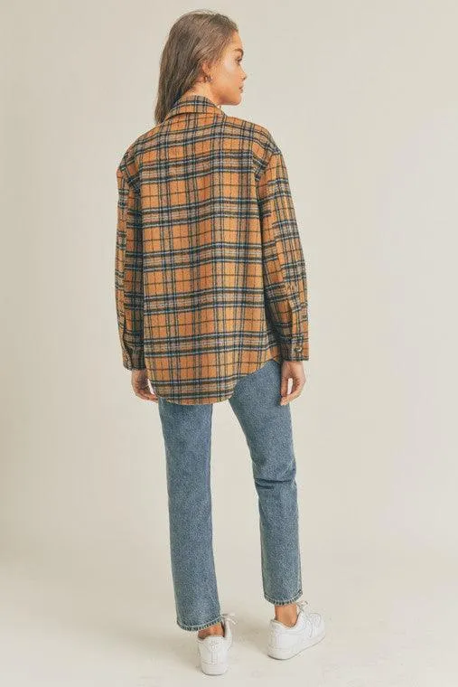 Womens Brown Blue Multi Plaid Flannel Shacket