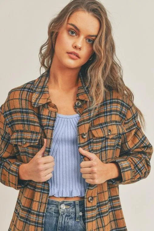 Womens Brown Blue Multi Plaid Flannel Shacket