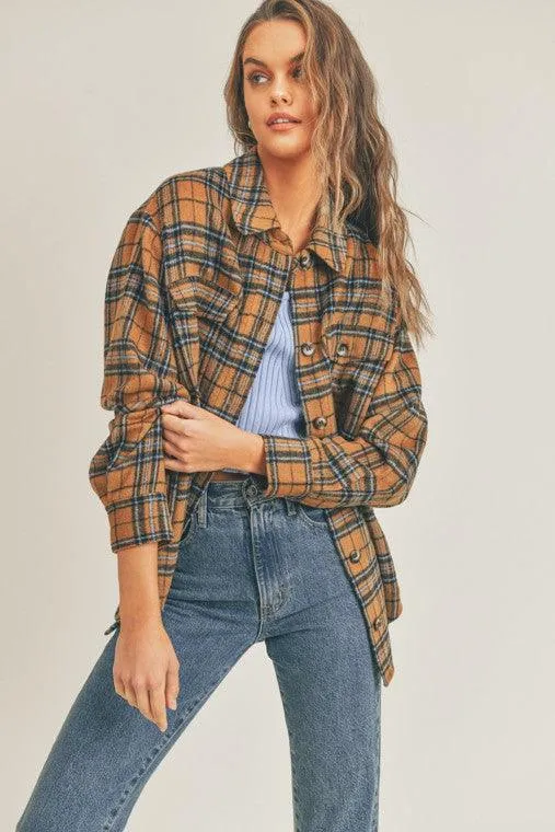 Womens Brown Blue Multi Plaid Flannel Shacket