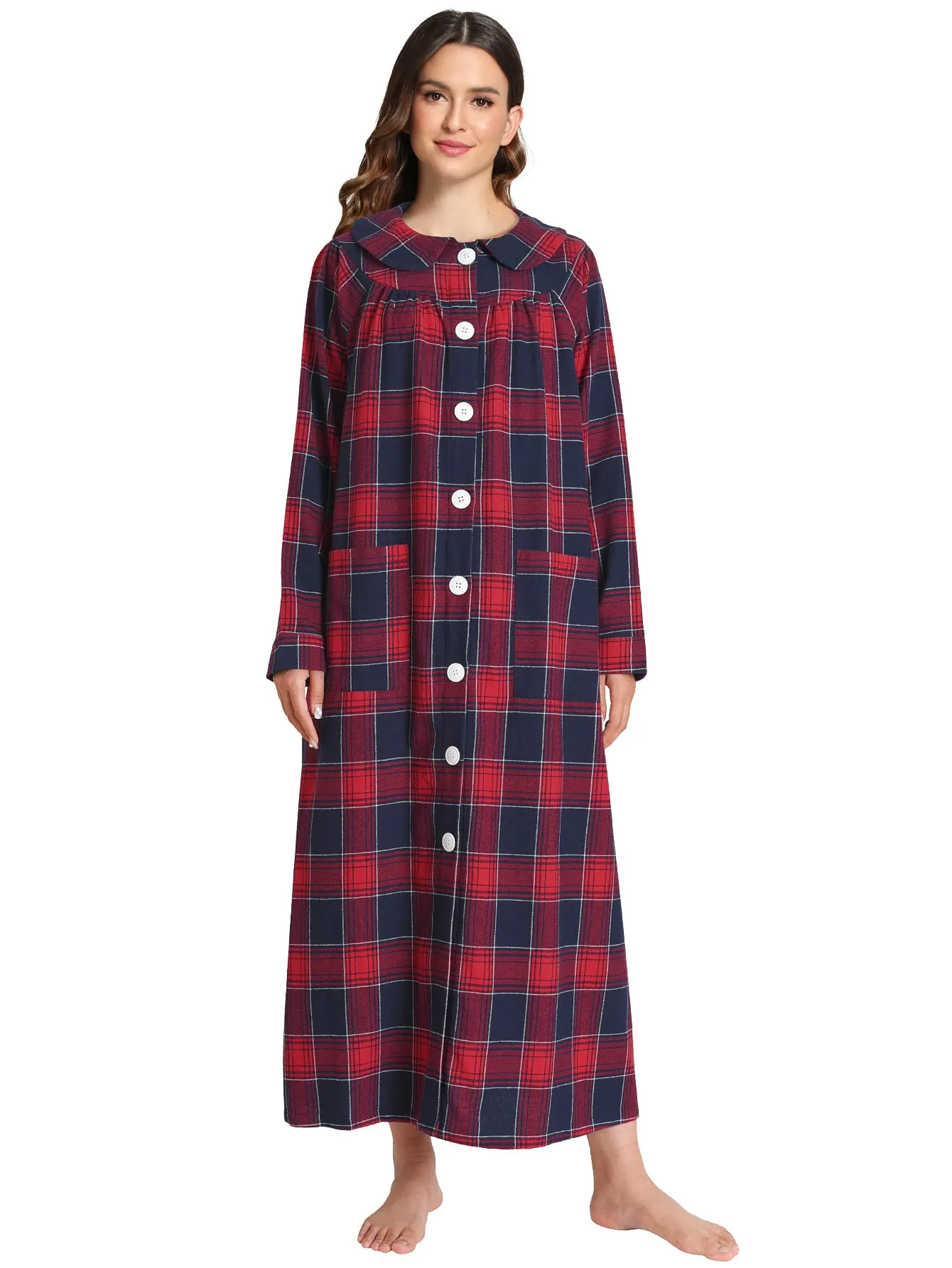 Women's Cotton Flannel Button Up Robe Long Sleeves Housecoat