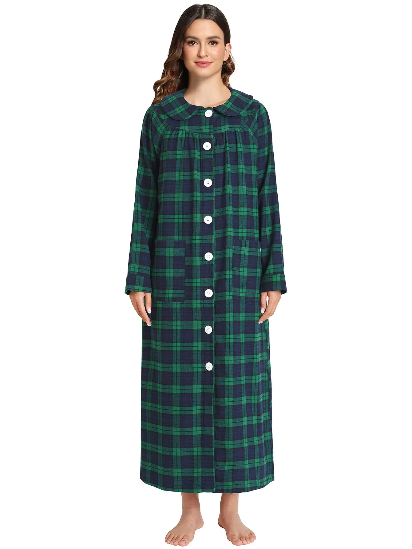 Women's Cotton Flannel Button Up Robe Long Sleeves Housecoat
