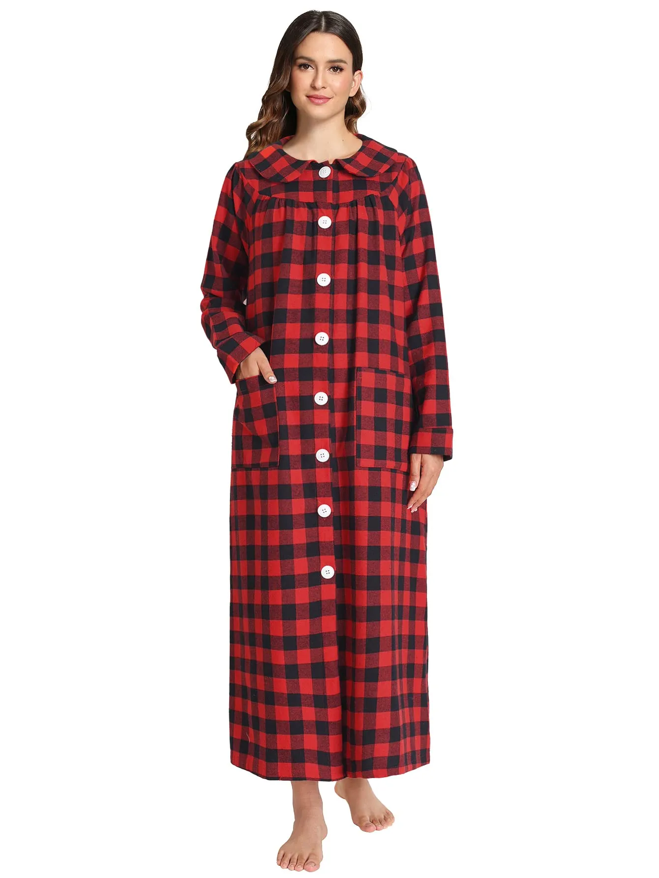 Women's Cotton Flannel Button Up Robe Long Sleeves Housecoat