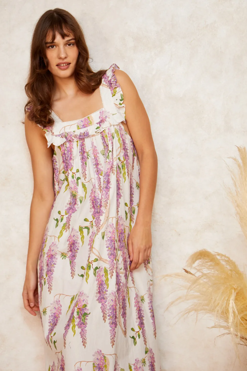 Womens Cotton Long Frill Nightdress White Wisteria