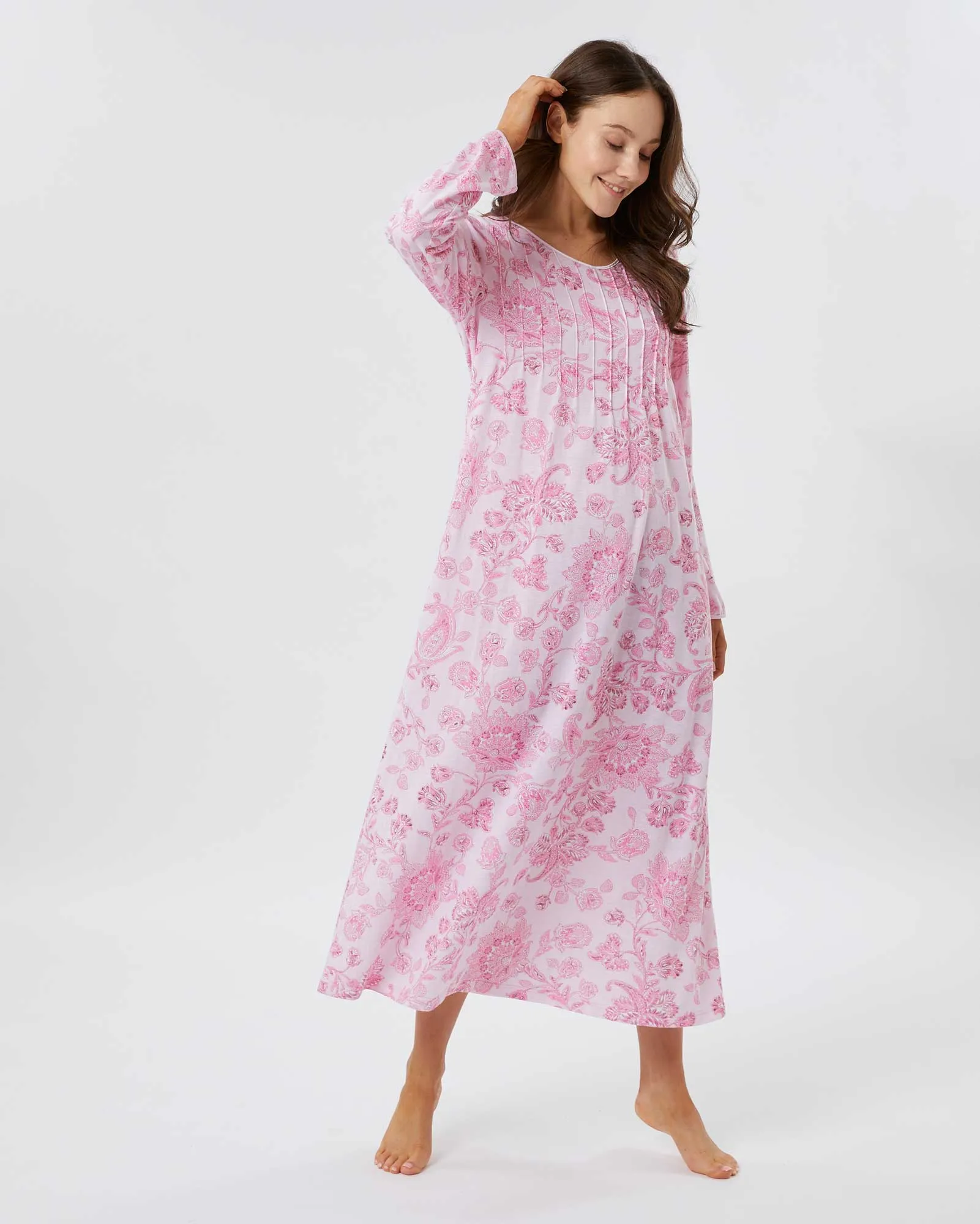 Women's French Pleat Long Sleeved Jersey Nightdress - Somerby Floral
