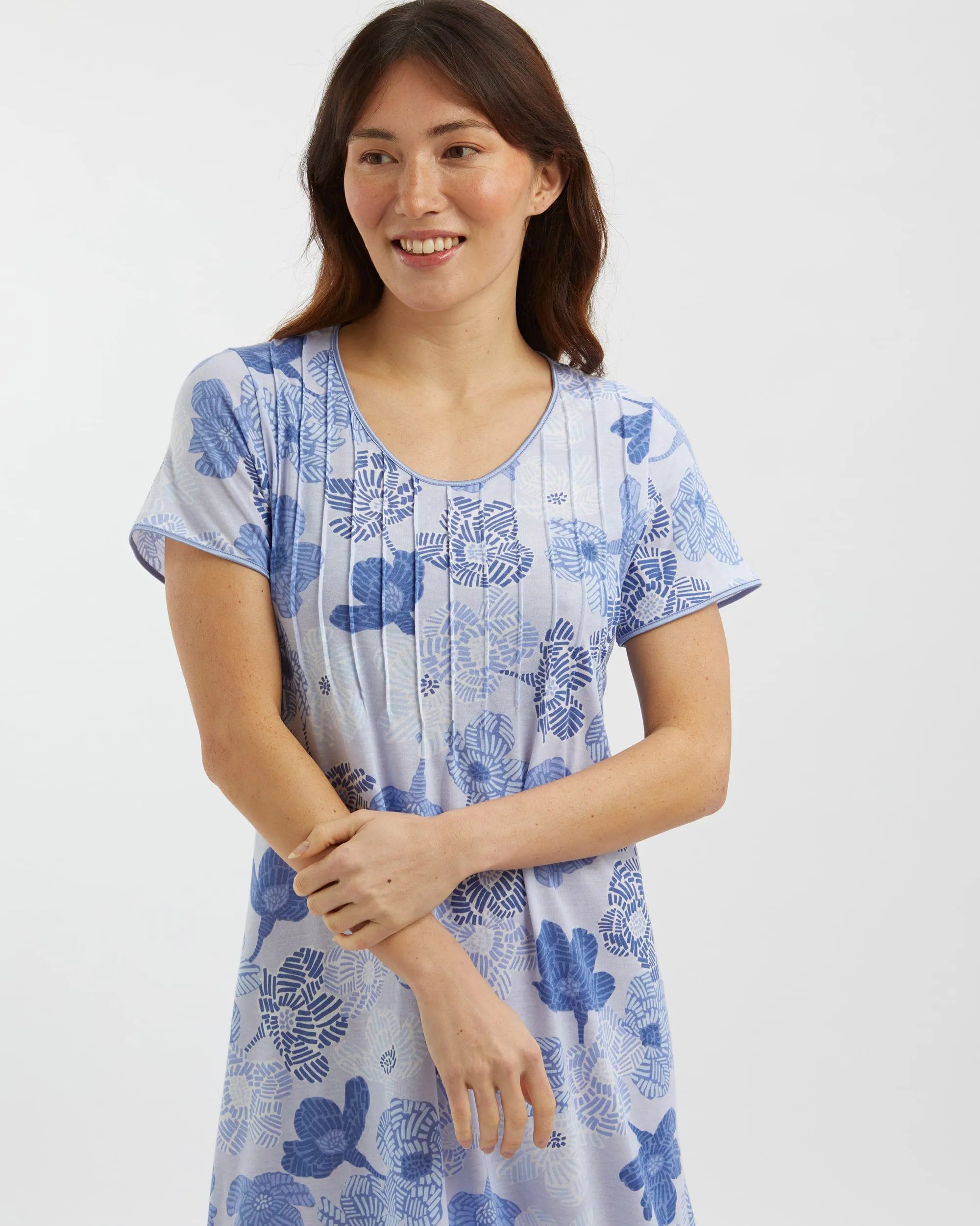 Women's French Pleat Short Sleeve Jersey Nightdress - Rosa Floral Blue