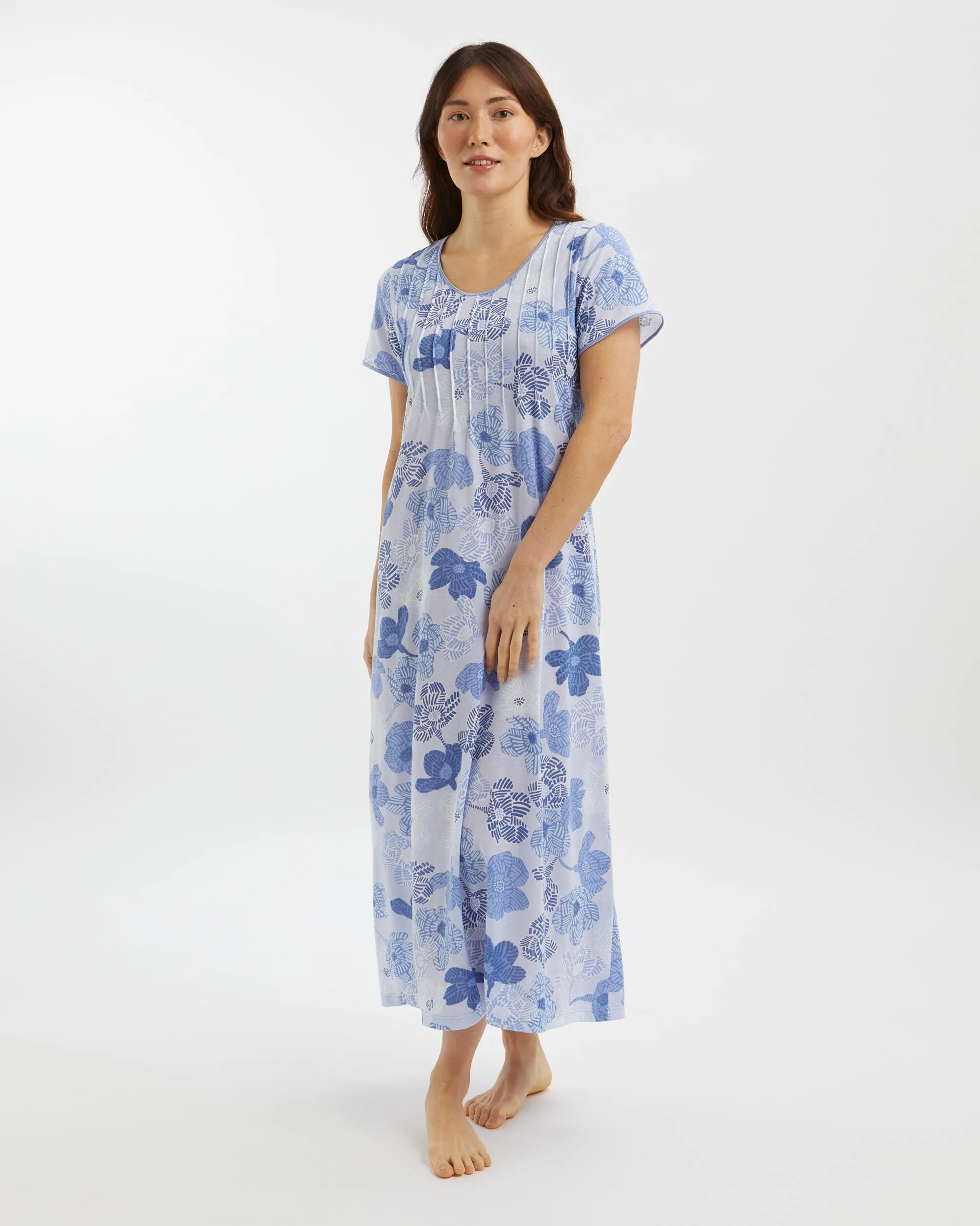 Women's French Pleat Short Sleeve Jersey Nightdress - Rosa Floral Blue