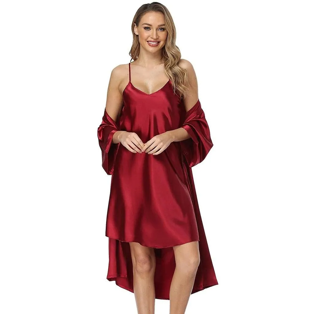 Womens Luxury Solid Silk Nightgown And Robe Set Half Sleeves 100%  Silk Sleepwear Bathrobe With Nightgown