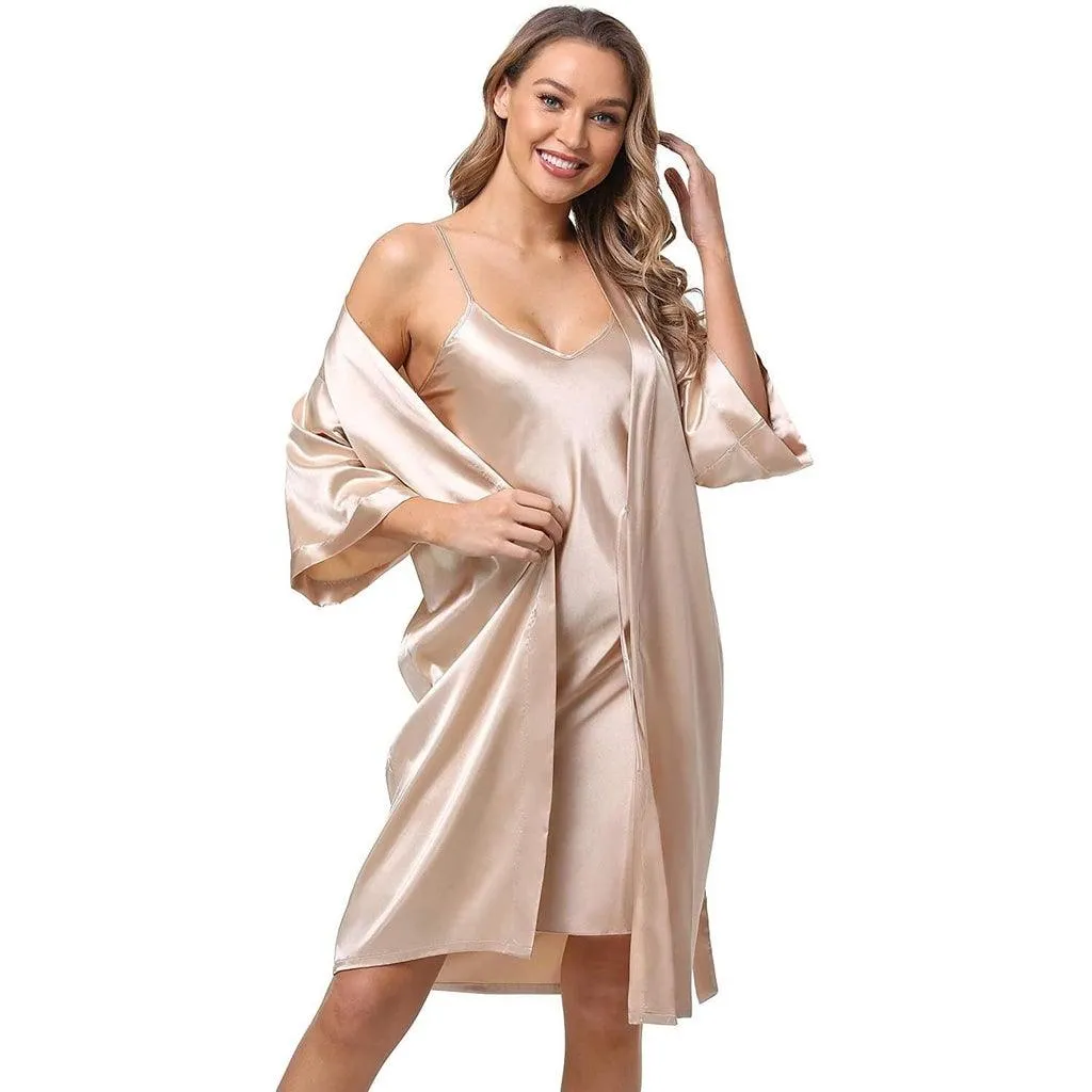 Womens Luxury Solid Silk Nightgown And Robe Set Half Sleeves 100%  Silk Sleepwear Bathrobe With Nightgown