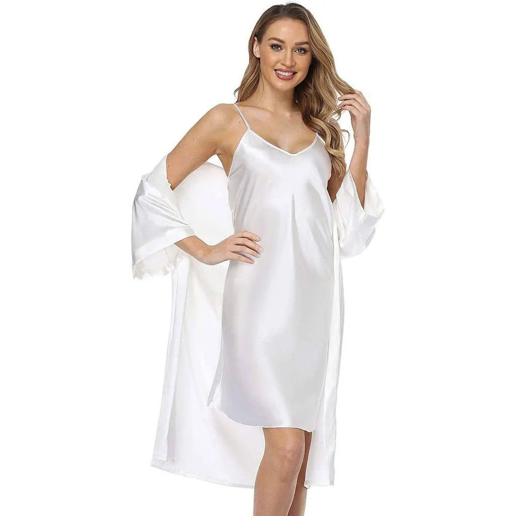Womens Luxury Solid Silk Nightgown And Robe Set Half Sleeves 100%  Silk Sleepwear Bathrobe With Nightgown